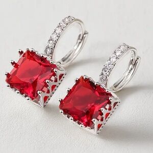 Classic Scarlet Elegance Square Hoop Silver Earrings
